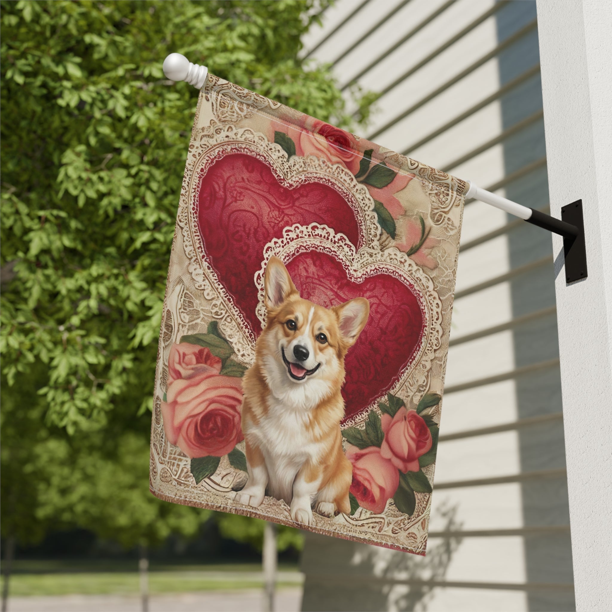 Two Heart Corgi Valentine Garden Flag