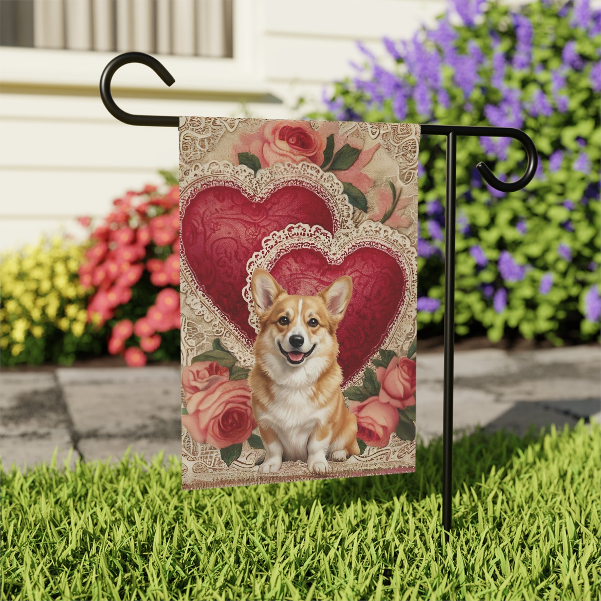 Two Heart Corgi Valentine Garden Flag