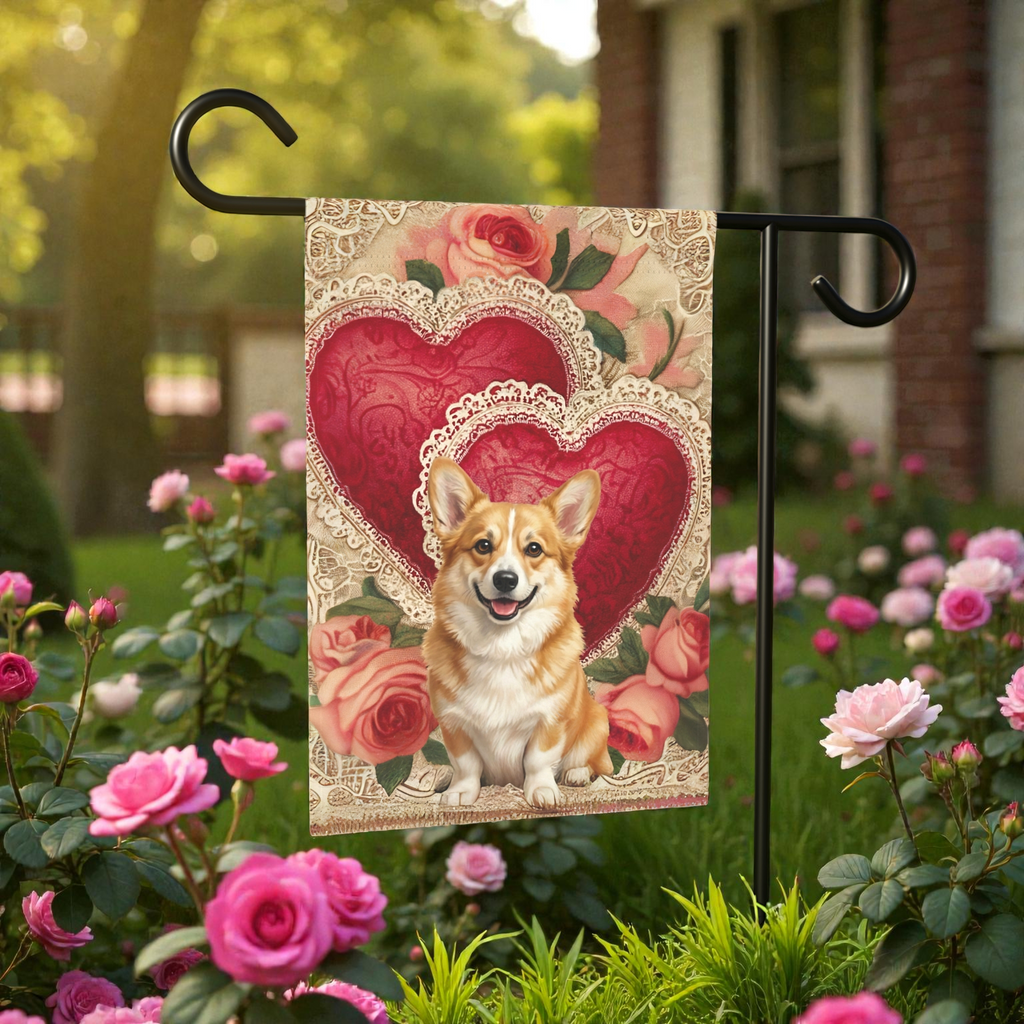 Two Heart Corgi Valentine Garden Flag