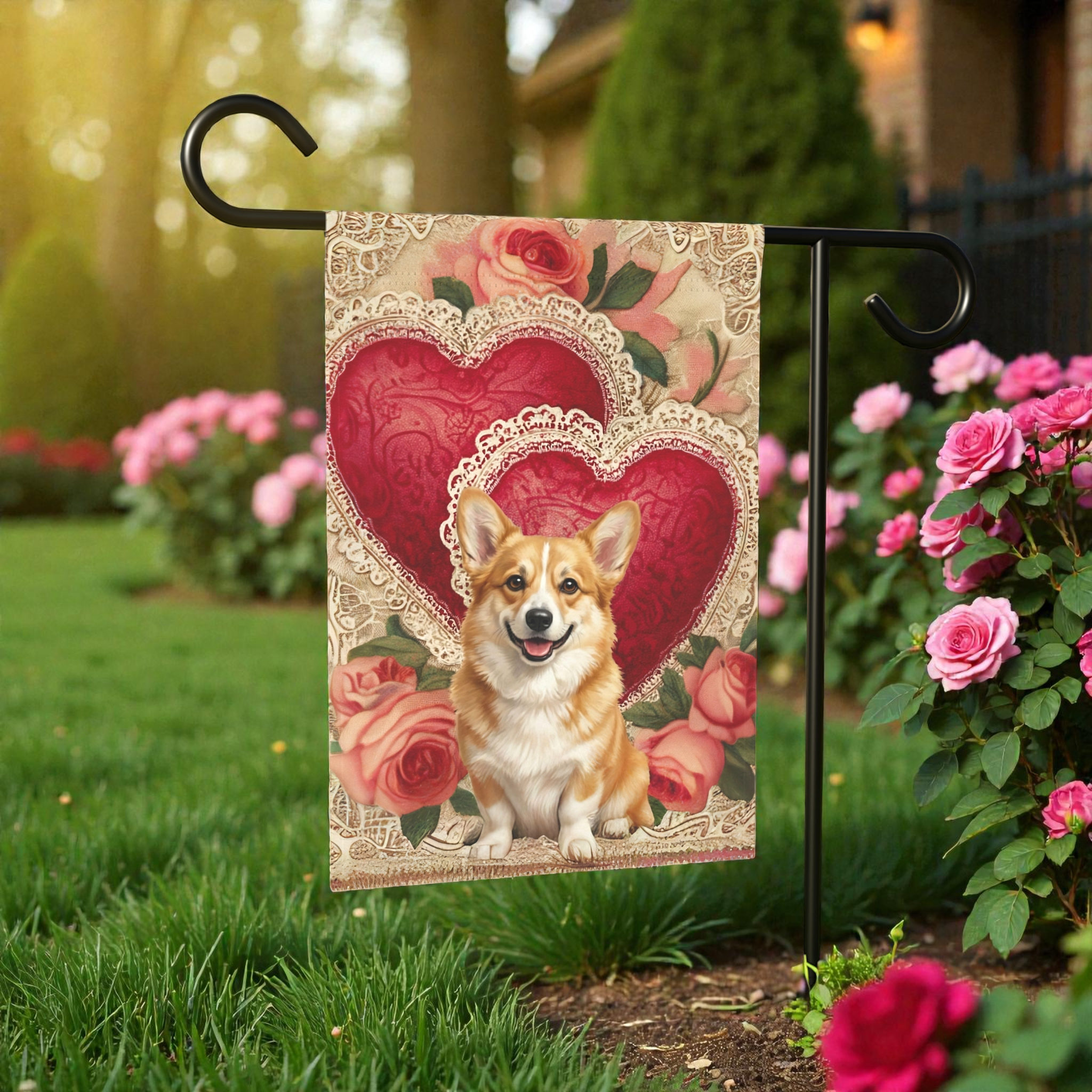 Two Heart Corgi Valentine Garden Flag