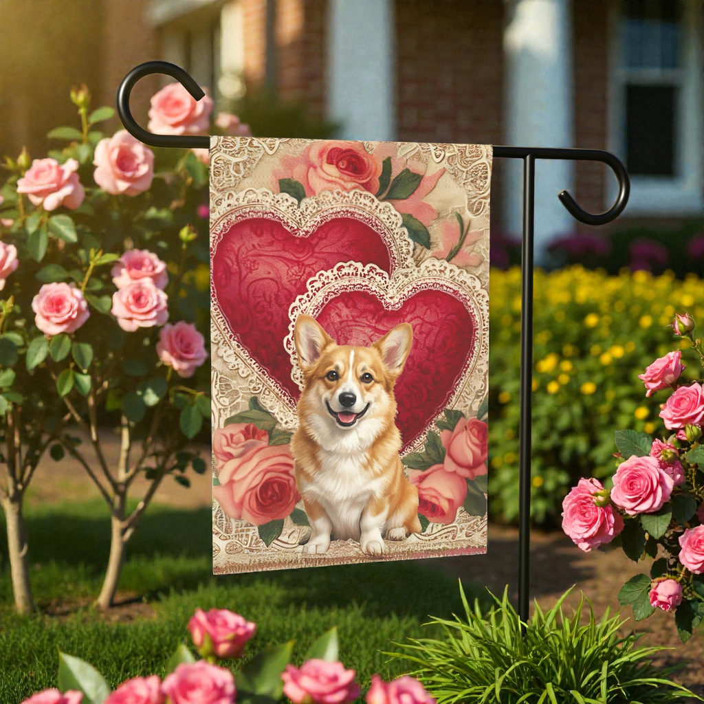 Two Heart Corgi Valentine Garden Flag