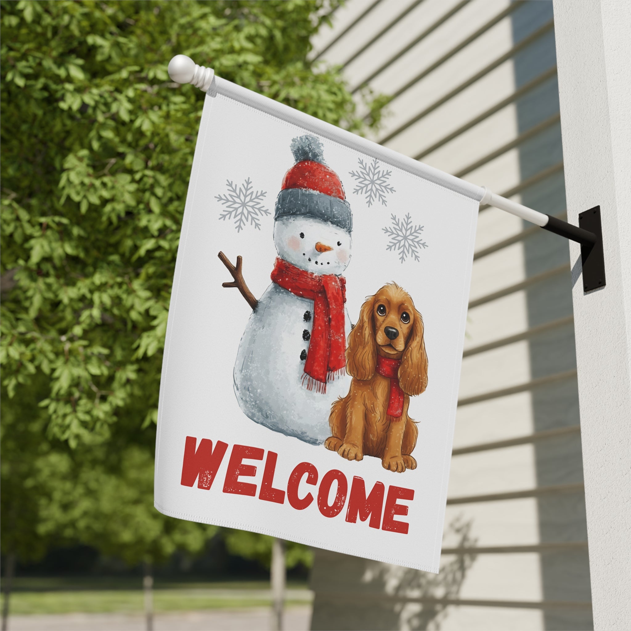 Cocker Spaniel and Snowman Welcome Garden Flag