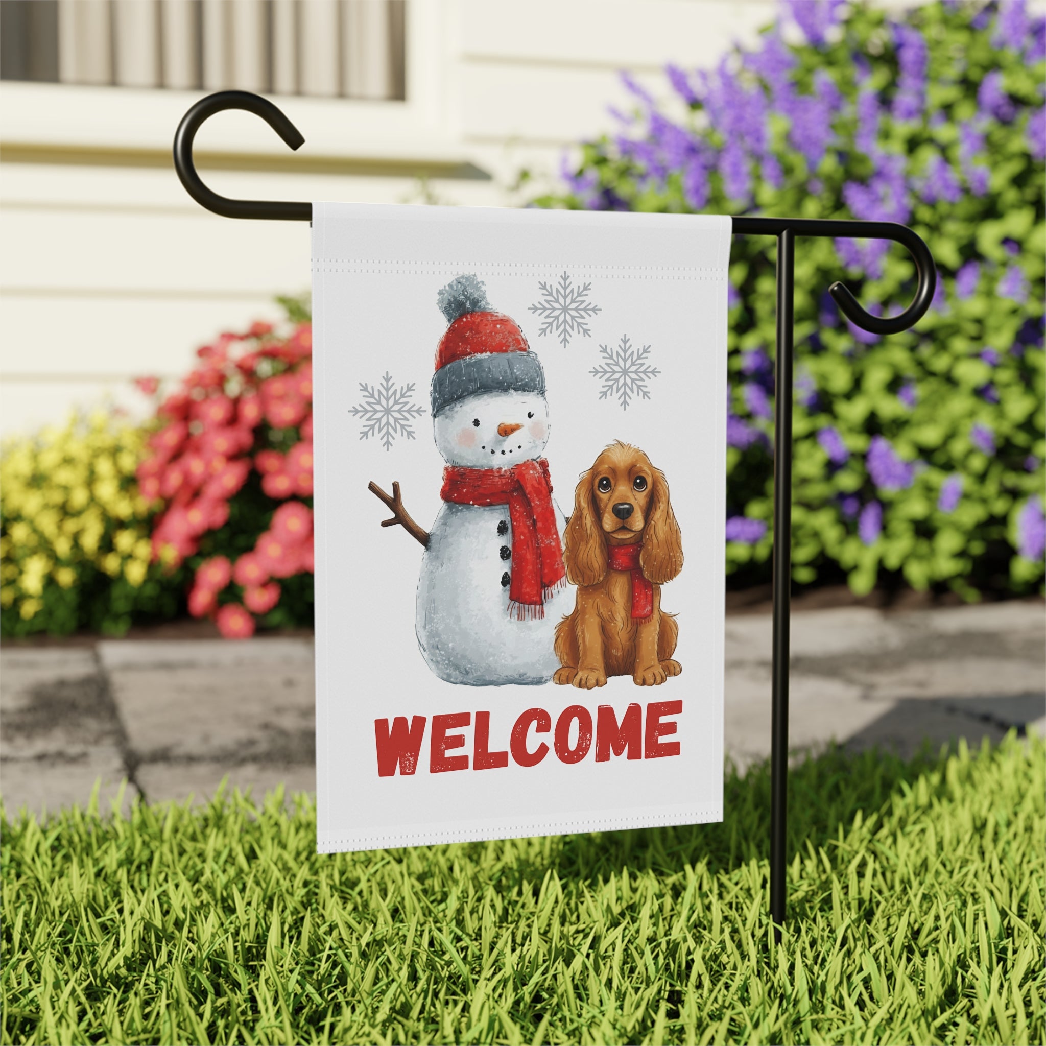 Cocker Spaniel and Snowman Welcome Garden Flag