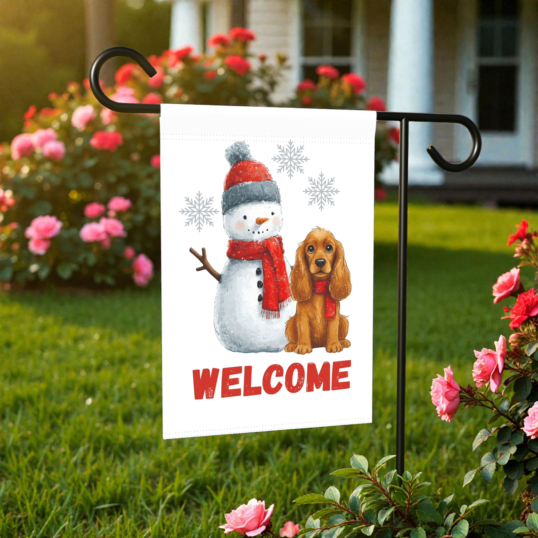 Cocker Spaniel and Snowman Welcome Garden Flag