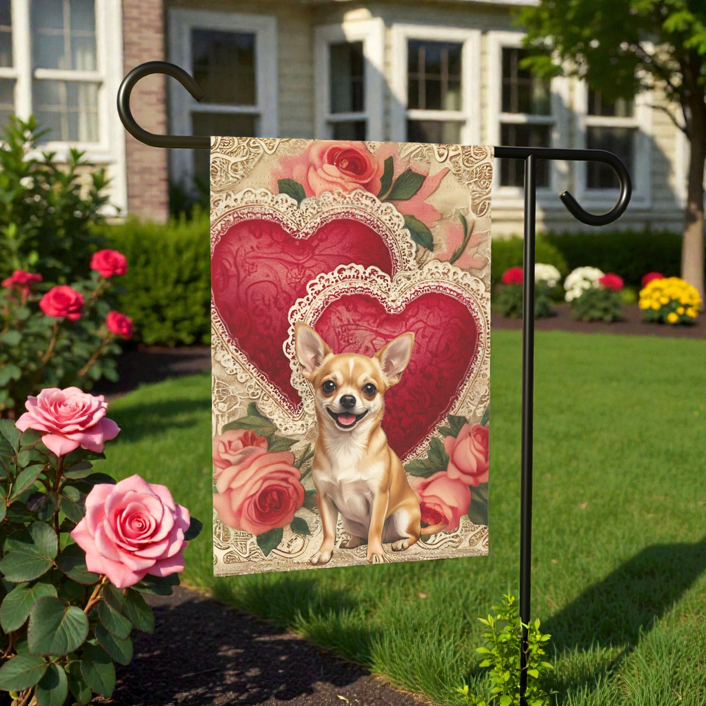 Two Heart Short Hair Chihuahua Valentine Garden Flag