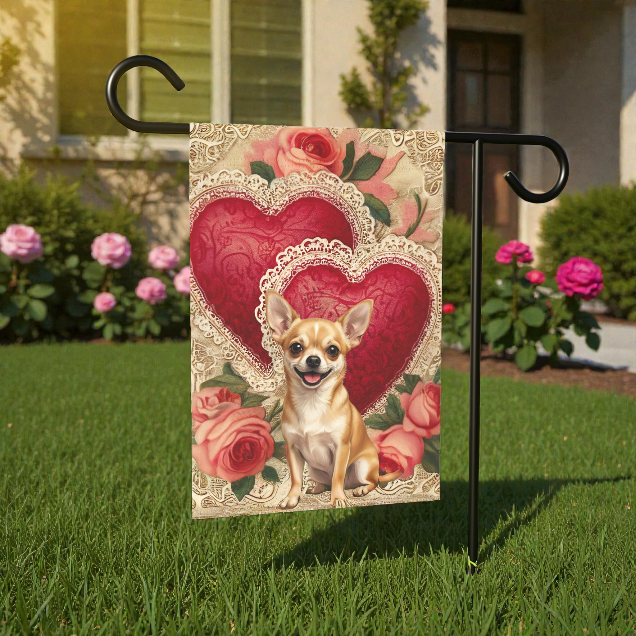 Two Heart Short Hair Chihuahua Valentine Garden Flag