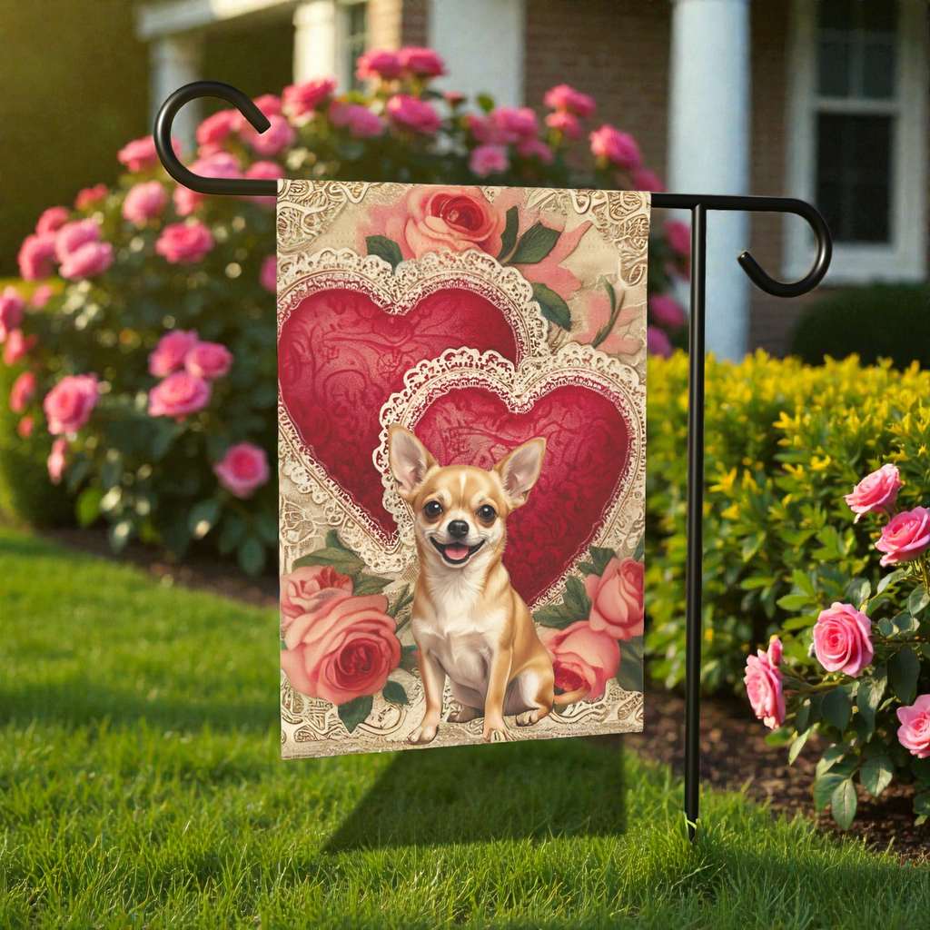 Two Heart Short Hair Chihuahua Valentine Garden Flag