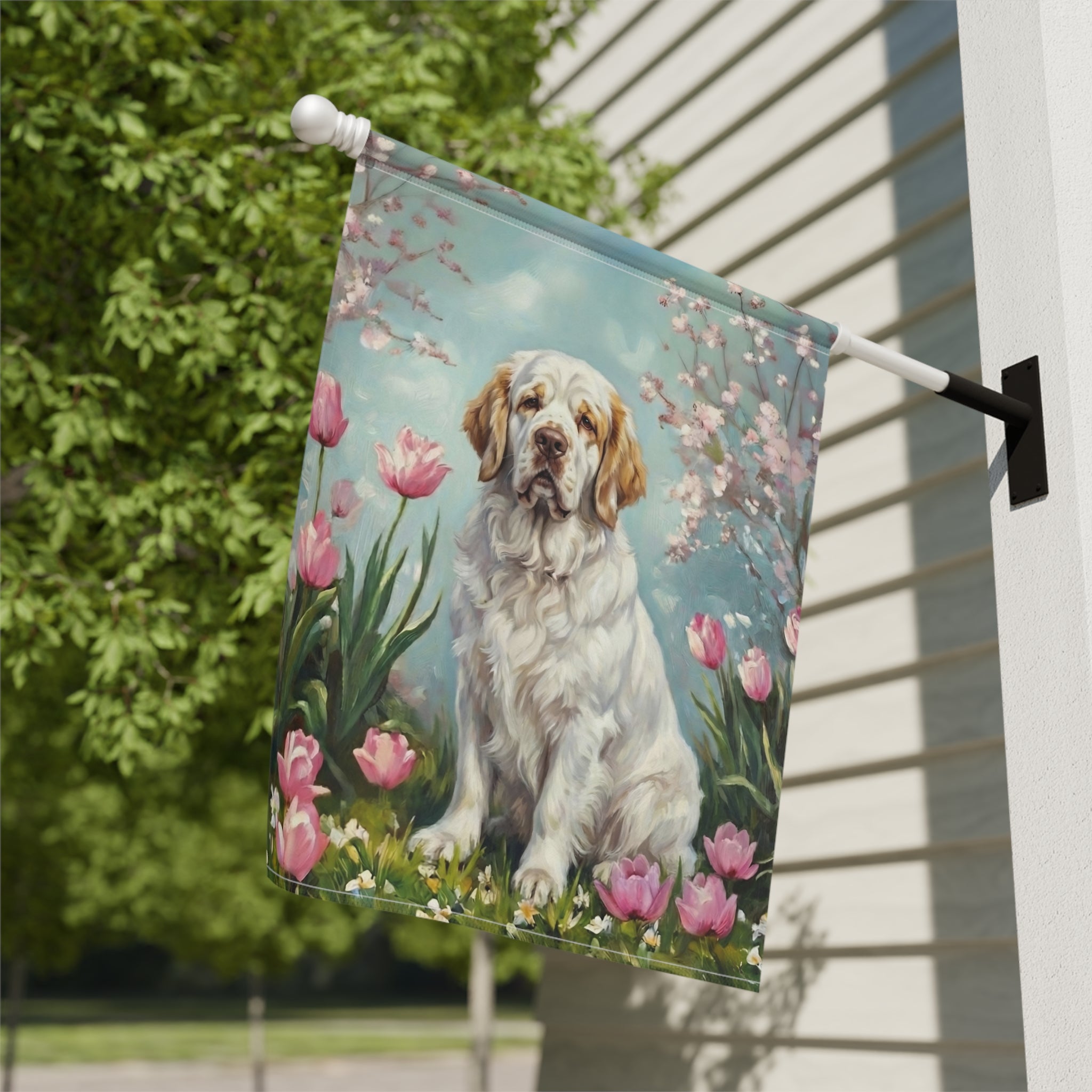 Clumber Spaniel in the Tulips Spring Garden Flag - yard display - Dragonfire Gardens