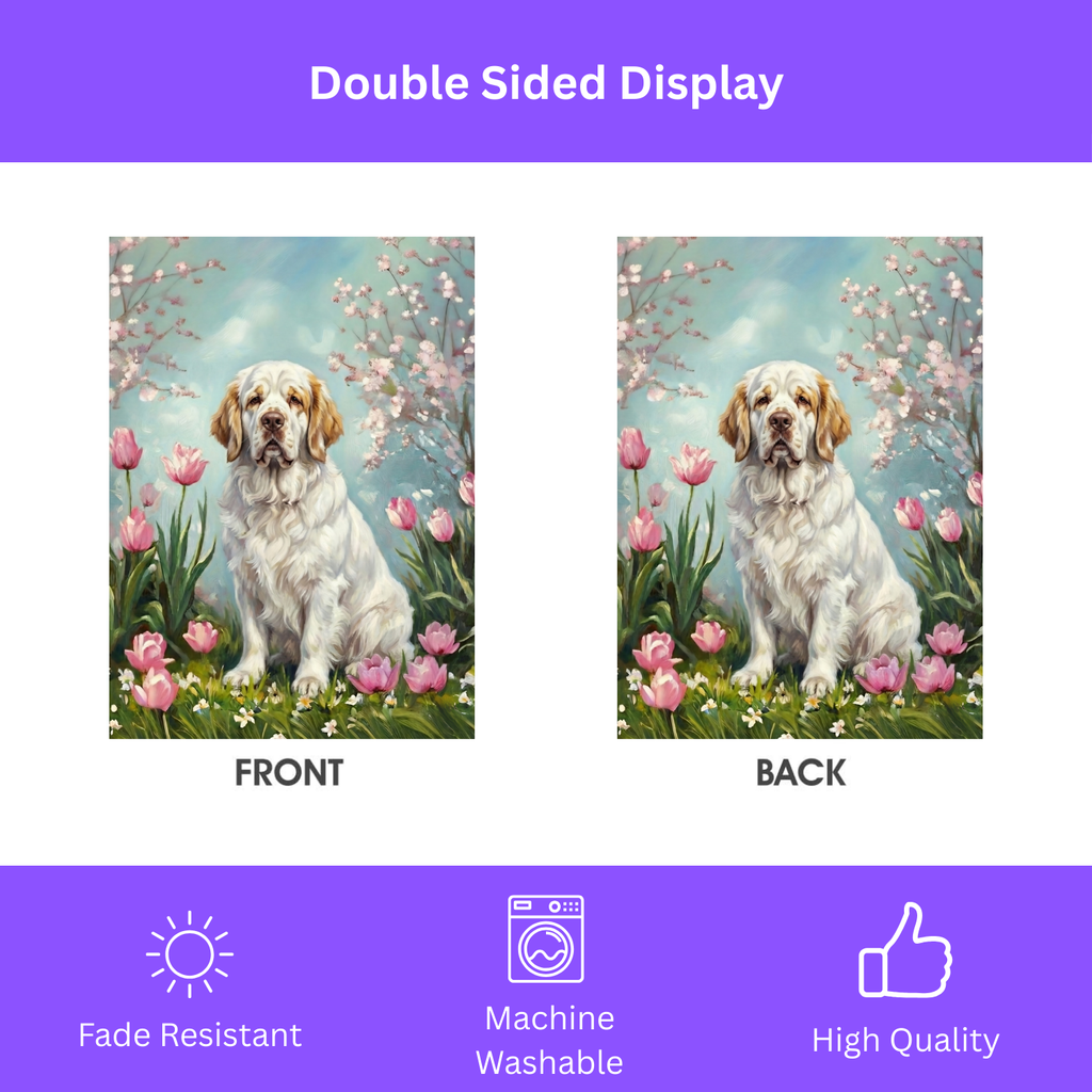 Clumber Spaniel in the Tulips Spring Garden Flag - porch decor - Dragonfire Gardens