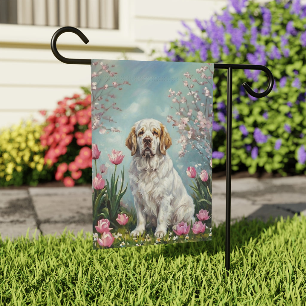 Clumber Spaniel in the Tulips Spring Garden Flag - close-up detail - Dragonfire Gardens