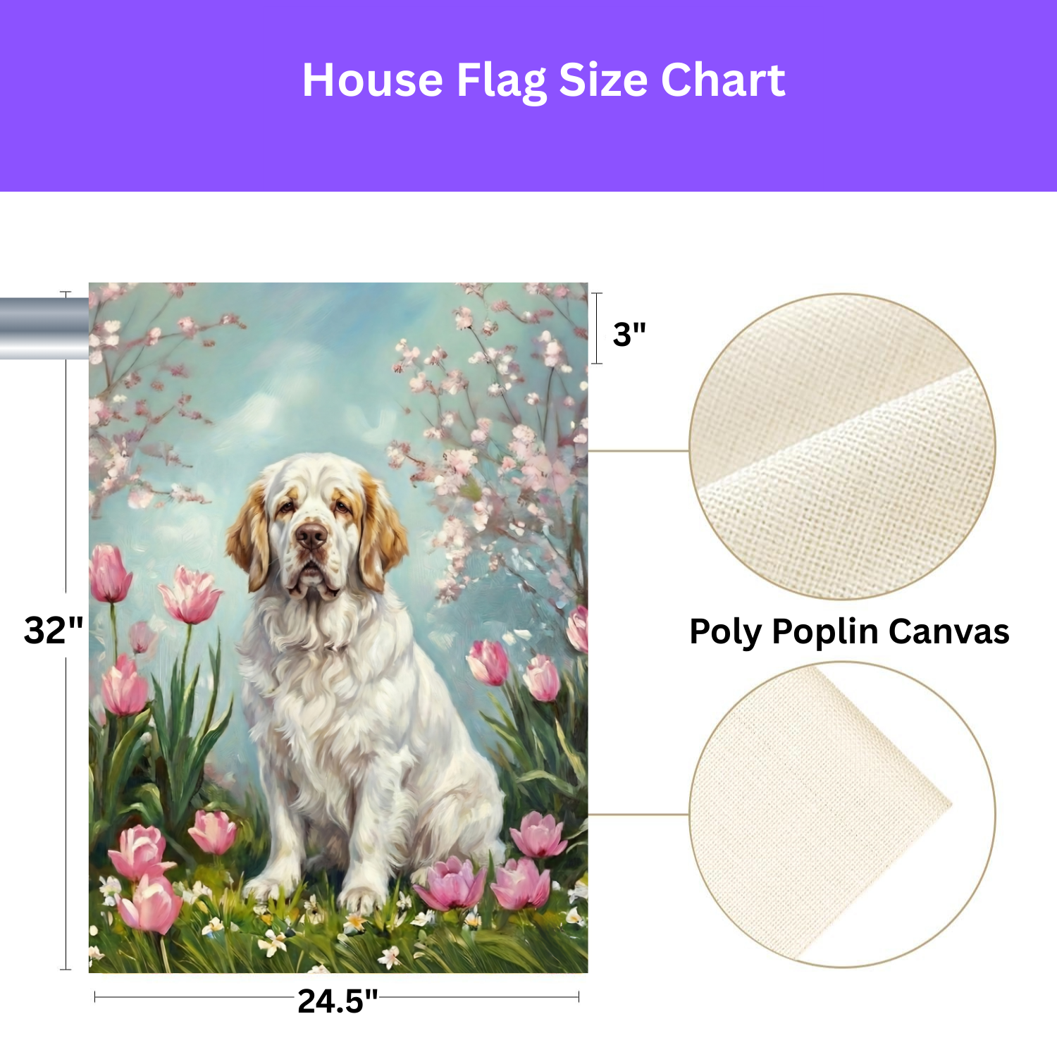 Clumber Spaniel in the Tulips Spring Garden Flag - size comparison - Dragonfire Gardens
