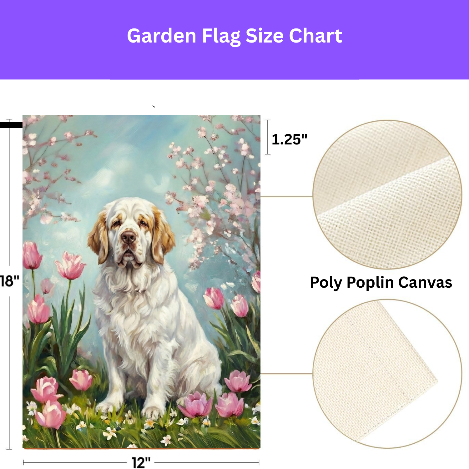 Clumber Spaniel in the Tulips Spring Garden Flag - double-sided design - Dragonfire Gardens