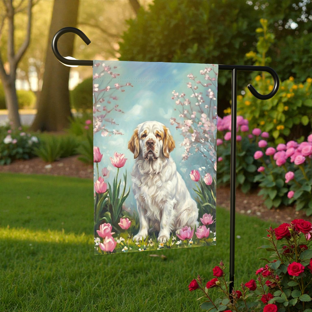 Clumber Spaniel in the Tulips Spring Garden Flag - lifestyle display - Dragonfire Gardens