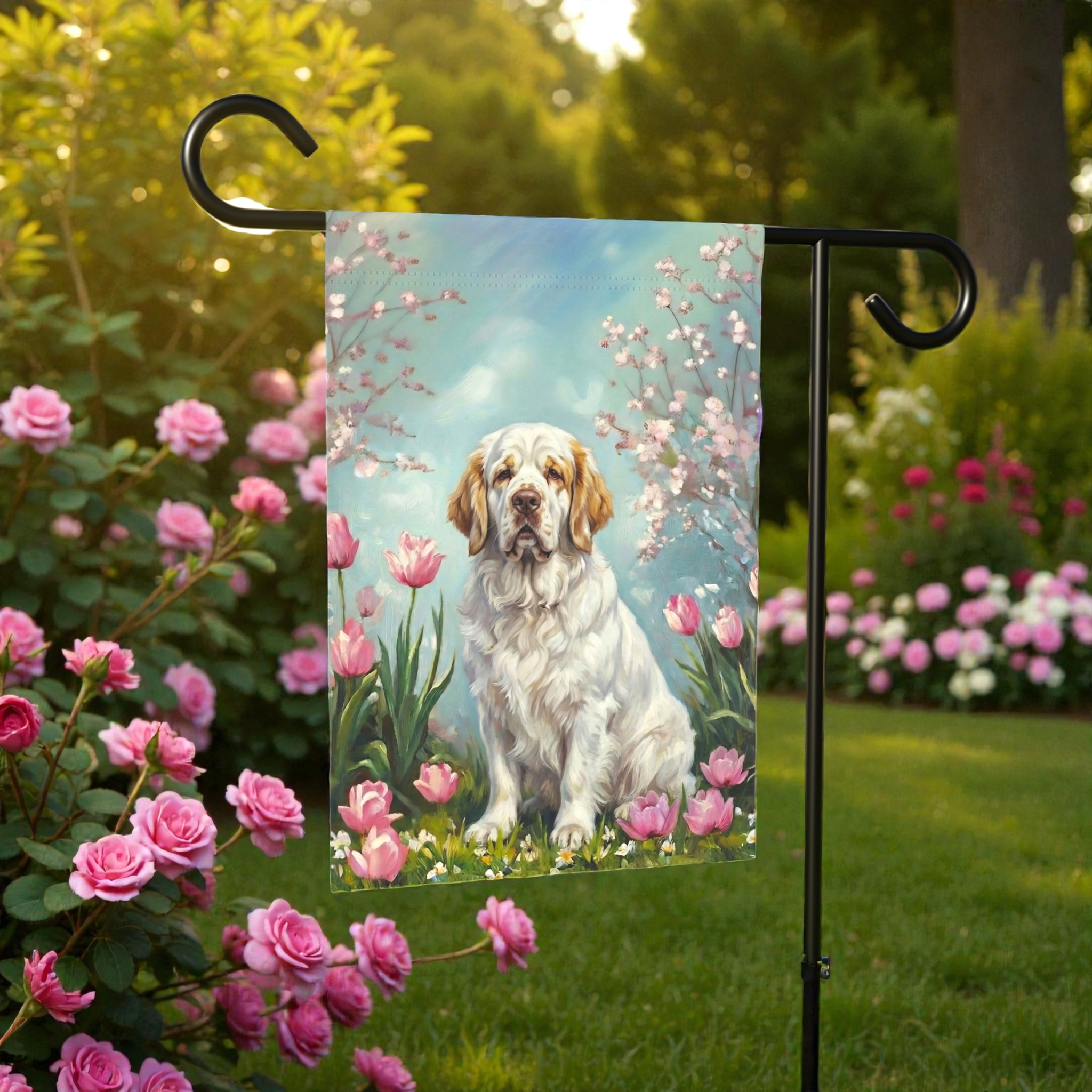 Clumber Spaniel in the Tulips Spring Garden Flag - product detail - Dragonfire Gardens