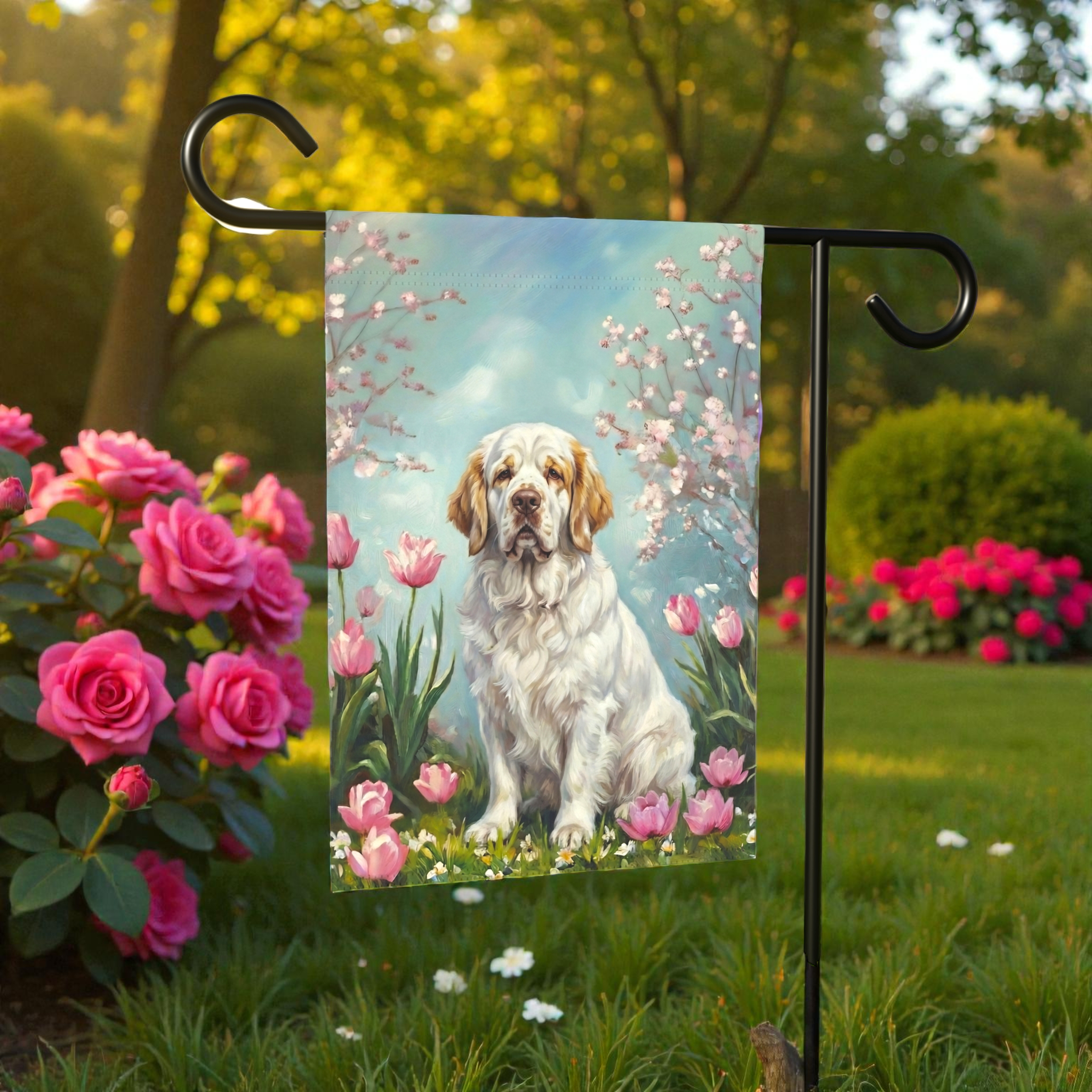 Clumber Spaniel in the Tulips Spring Garden Flag - outdoor display - Dragonfire Gardens