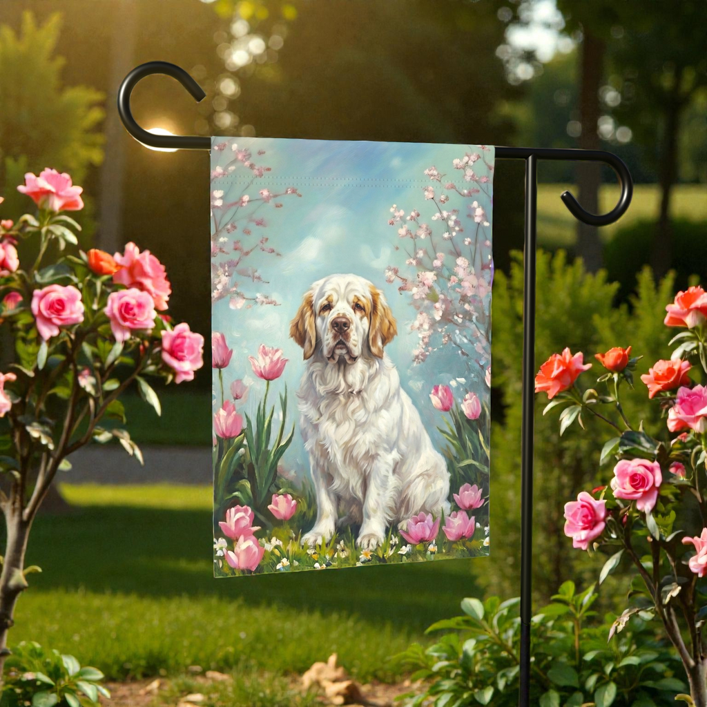 Clumber Spaniel in the Tulips Spring Garden Flag - front view - Dragonfire Gardens