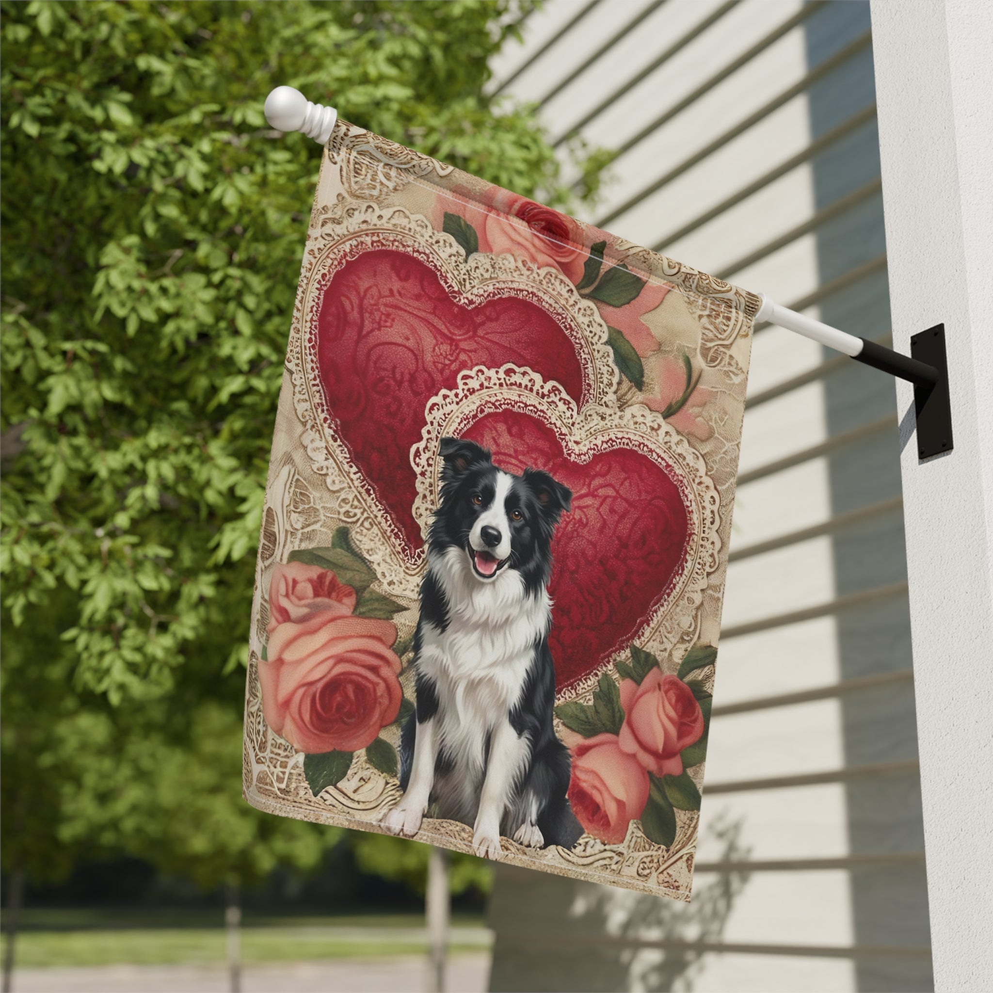 Two Heart Border Collie Valentine Garden Flag