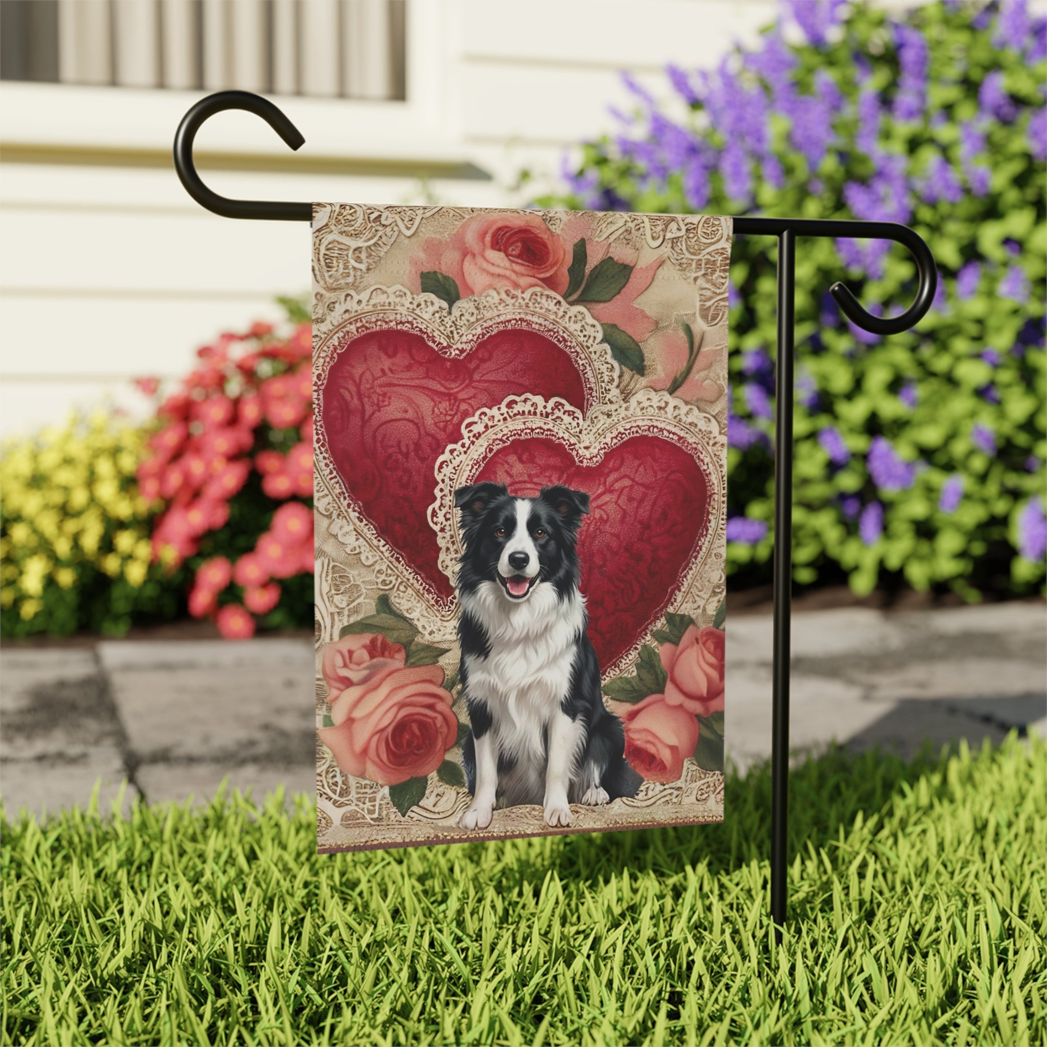 Two Heart Border Collie Valentine Garden Flag