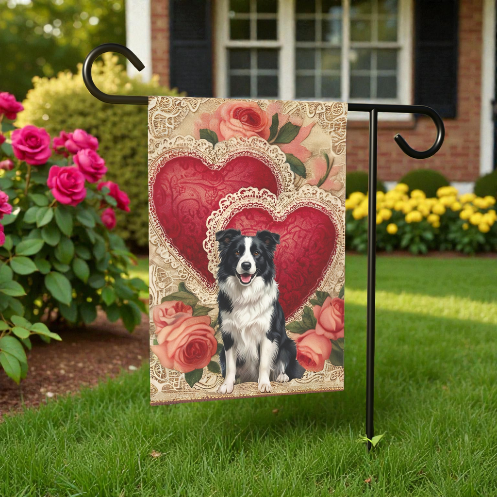 Two Heart Border Collie Valentine Garden Flag