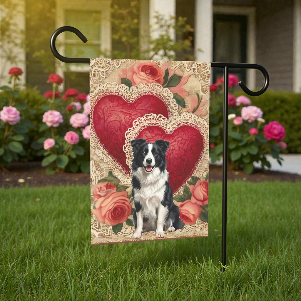 Two Heart Border Collie Valentine Garden Flag