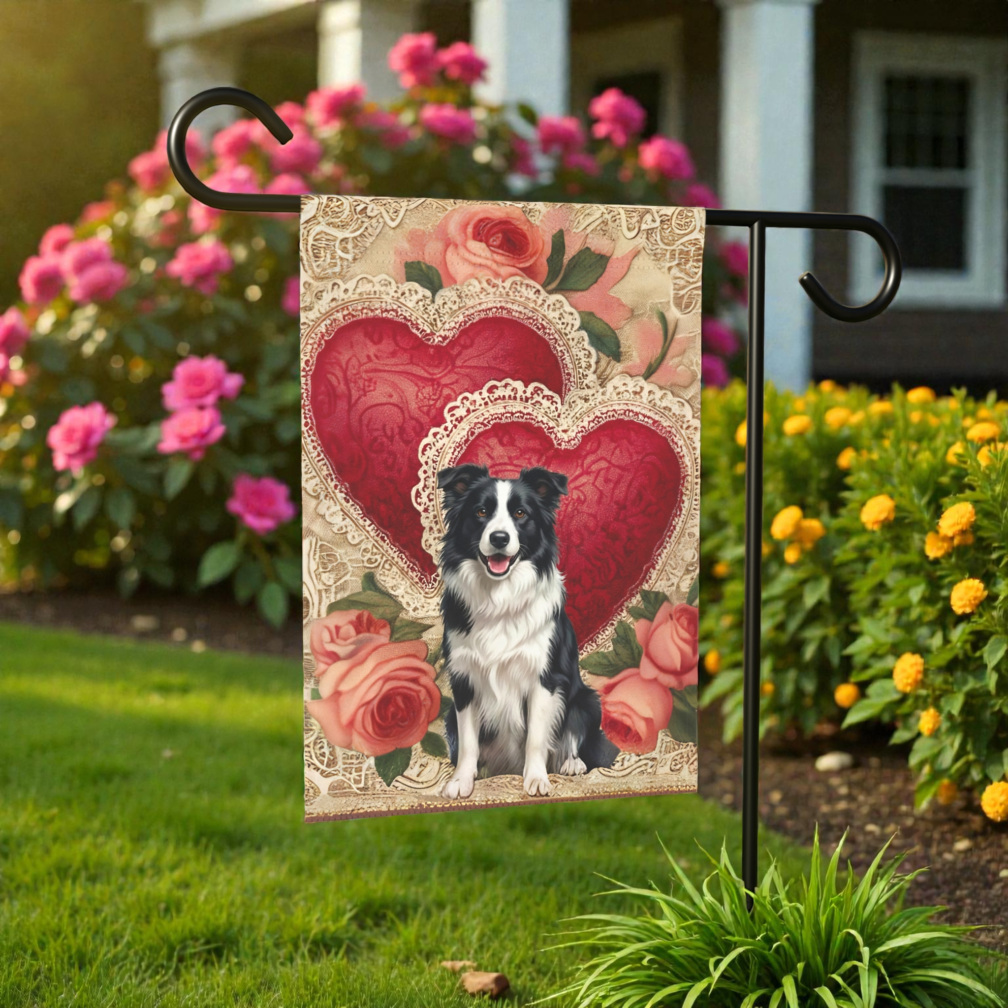 Two Heart Border Collie Valentine Garden Flag