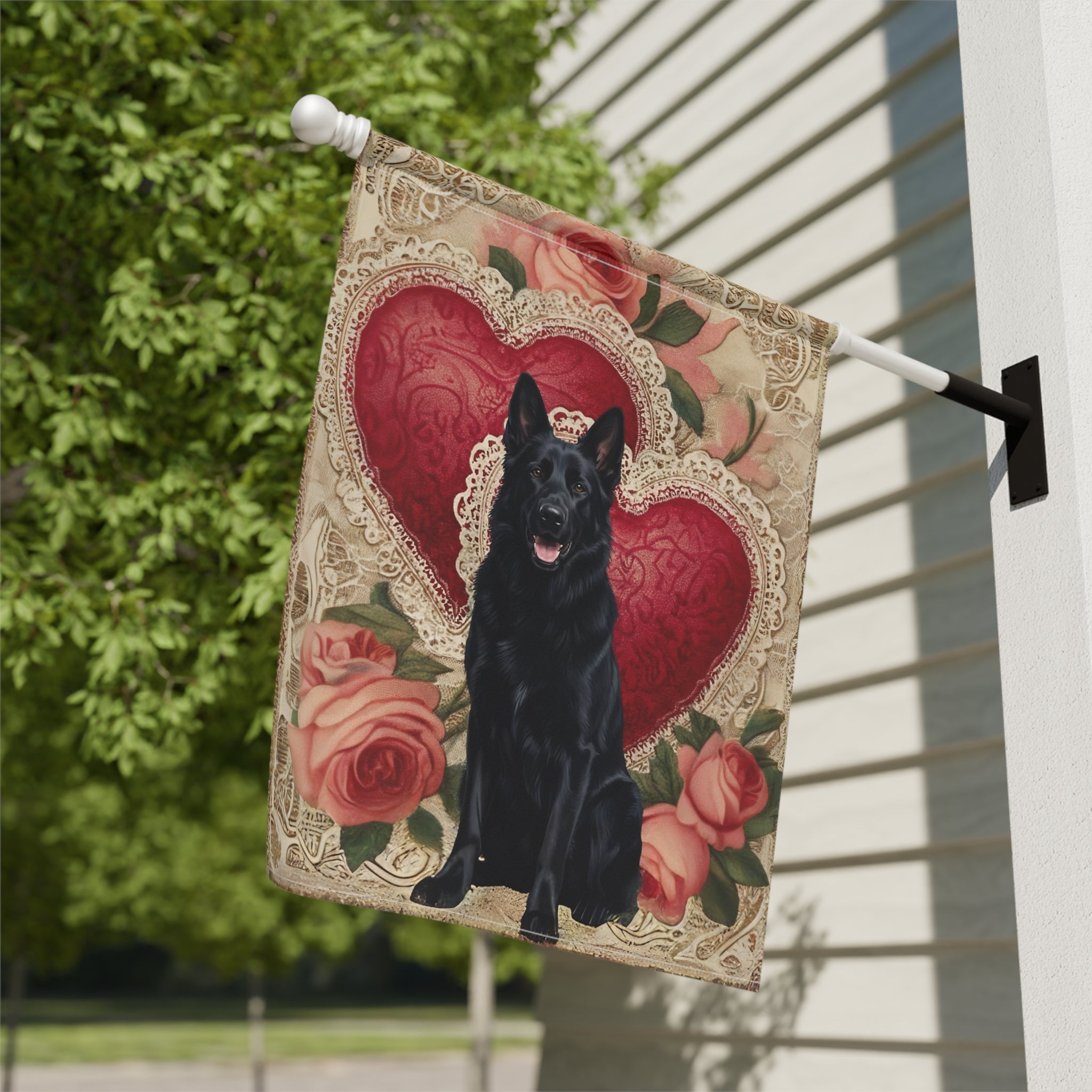 Two Heart Black German Shepherd Valentine Garden Flag