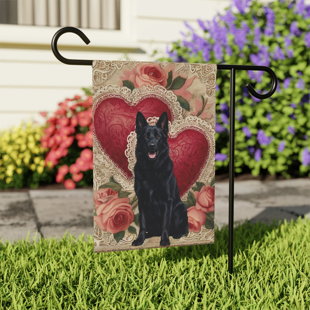 Two Heart Black German Shepherd Valentine Garden Flag