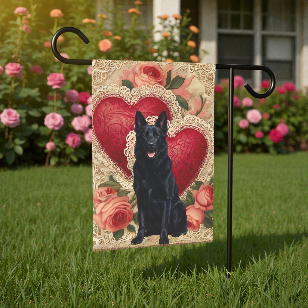 Two Heart Black German Shepherd Valentine Garden Flag