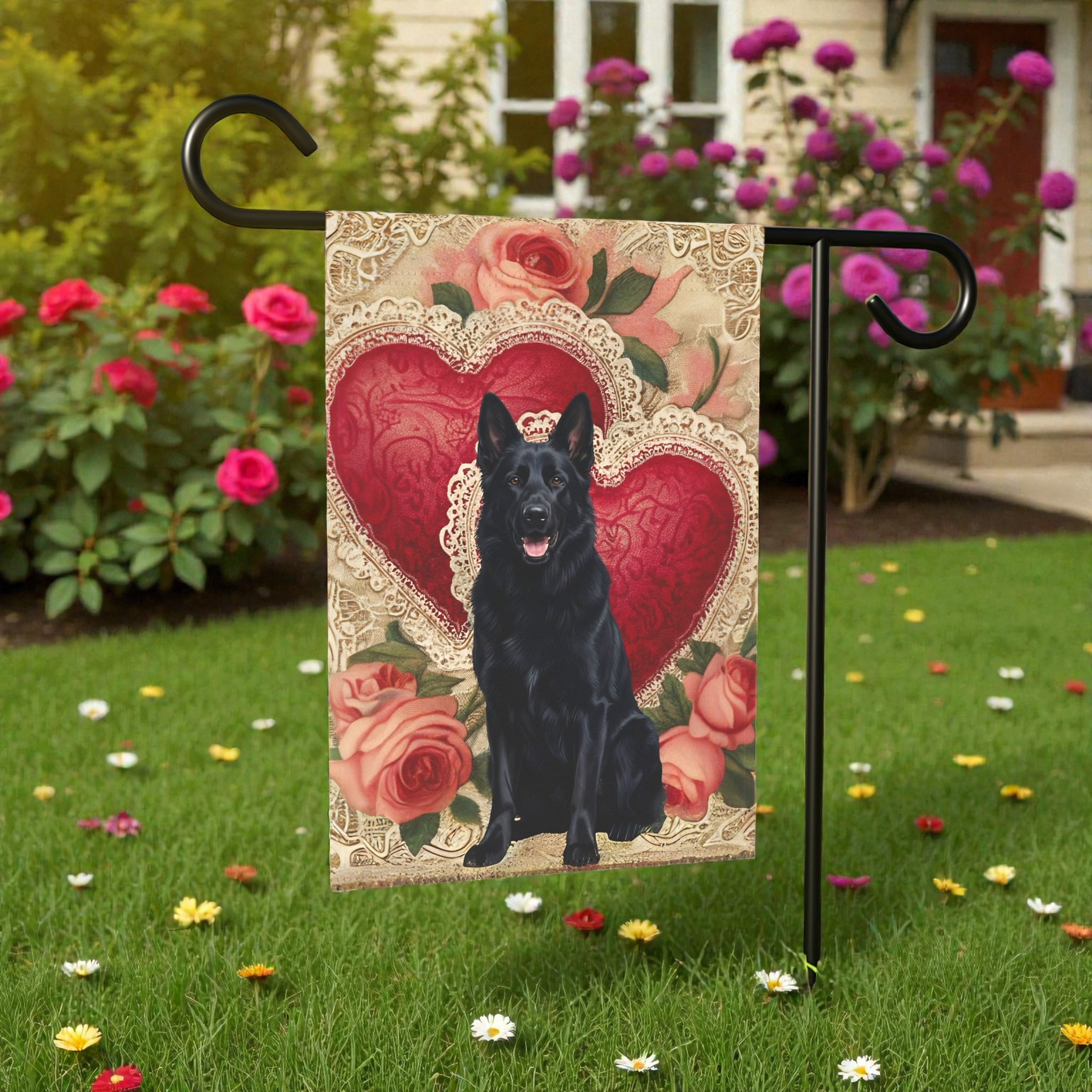 Two Heart Black German Shepherd Valentine Garden Flag