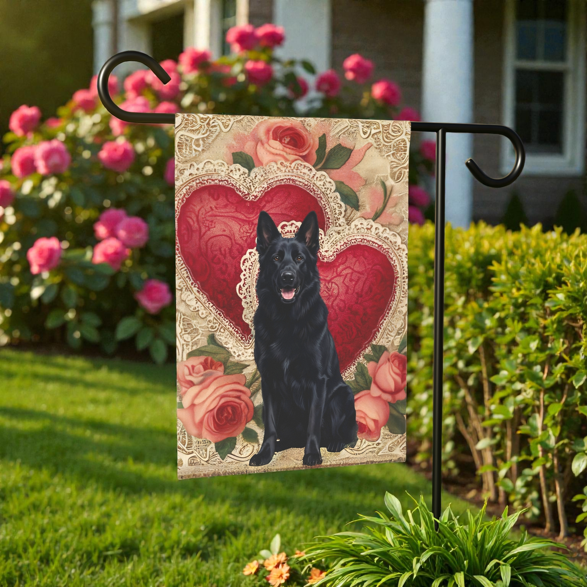 Two Heart Black German Shepherd Valentine Garden Flag