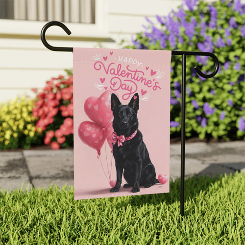 Black German Shepherd Happy Valentine's Day Garden Flag - outdoor display - Dragonfire Gardens