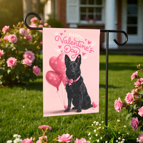 Black German Shepherd Happy Valentine's Day Garden Flag - front view - Dragonfire Gardens