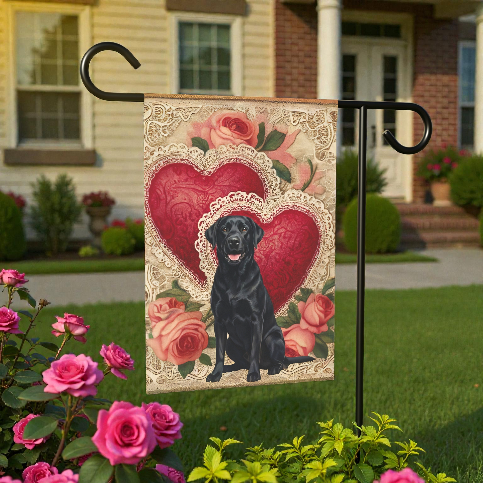 Two Heart Black Labrador Retriever Valentine Garden Flag