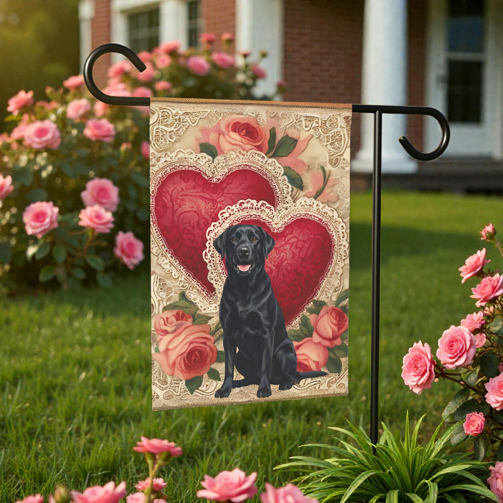 Two Heart Black Labrador Retriever Valentine Garden Flag