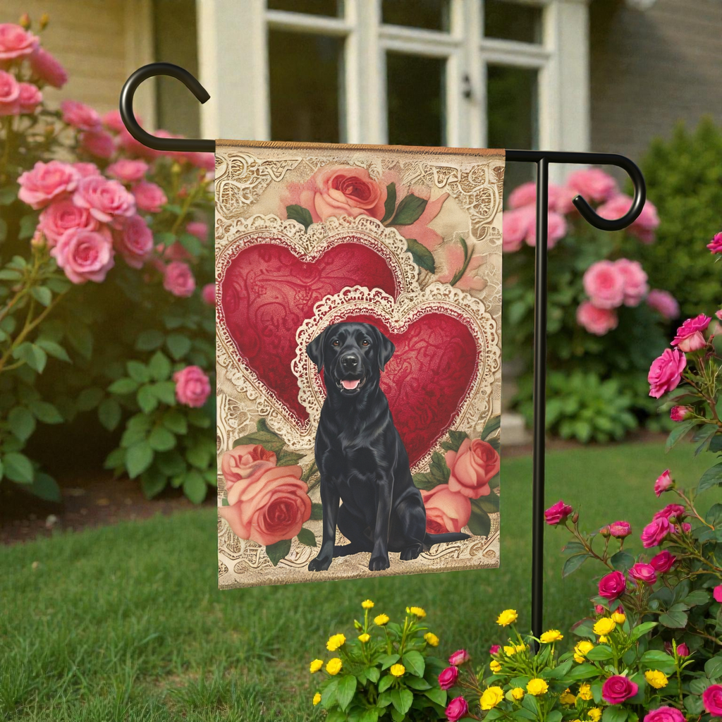 Two Heart Black Labrador Retriever Valentine Garden Flag