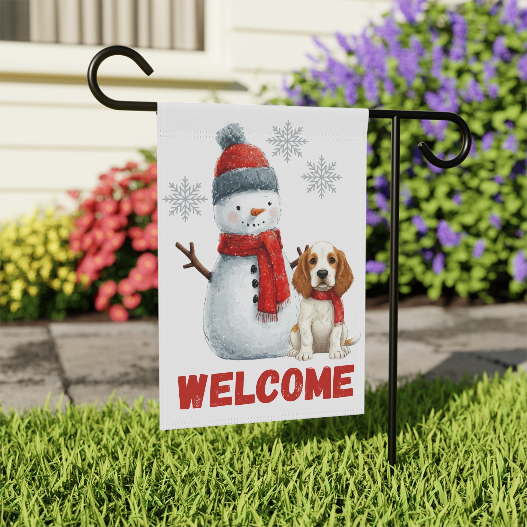Clubber Spaniel and Snowman Welcome Garden Flag