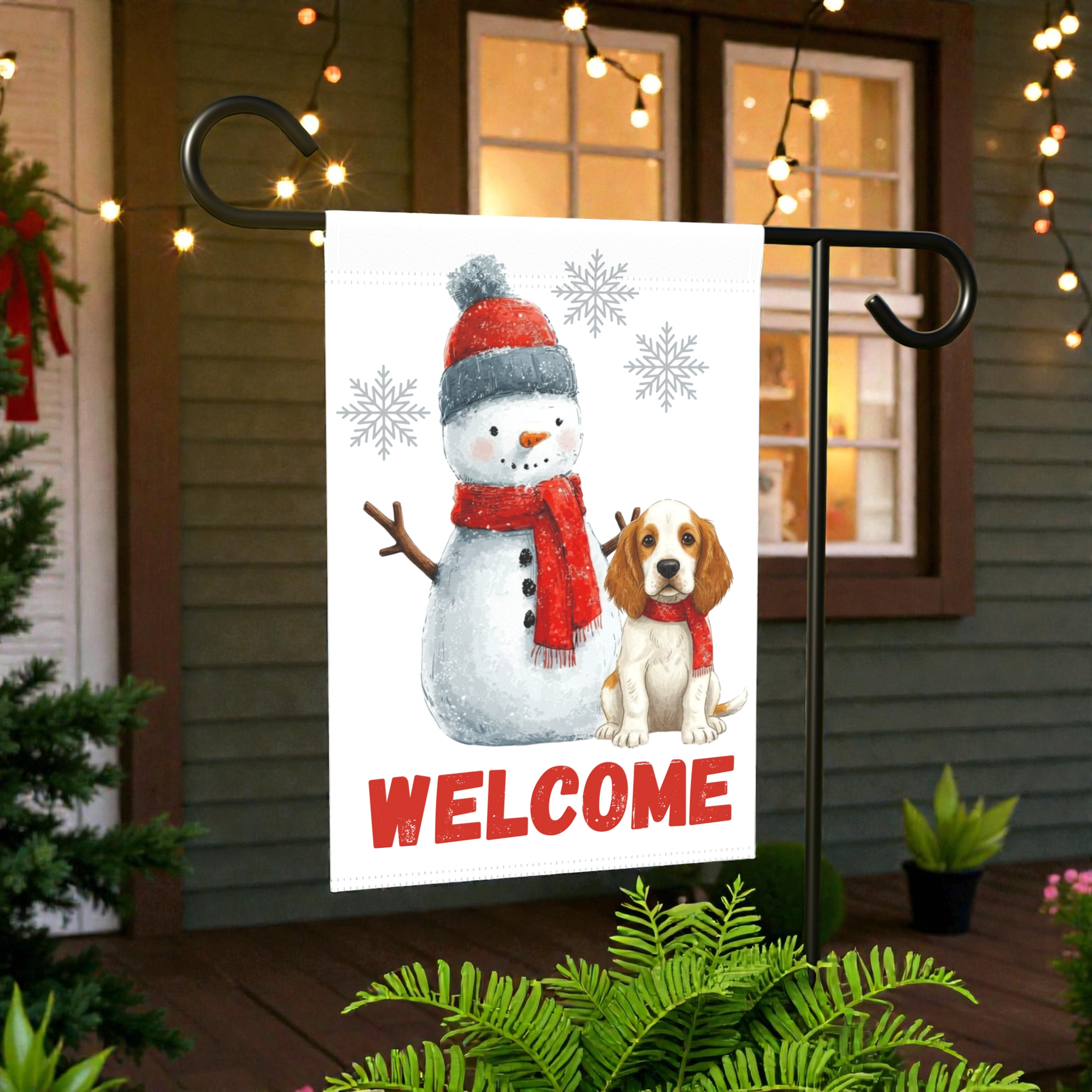 Clubber Spaniel and Snowman Welcome Garden Flag