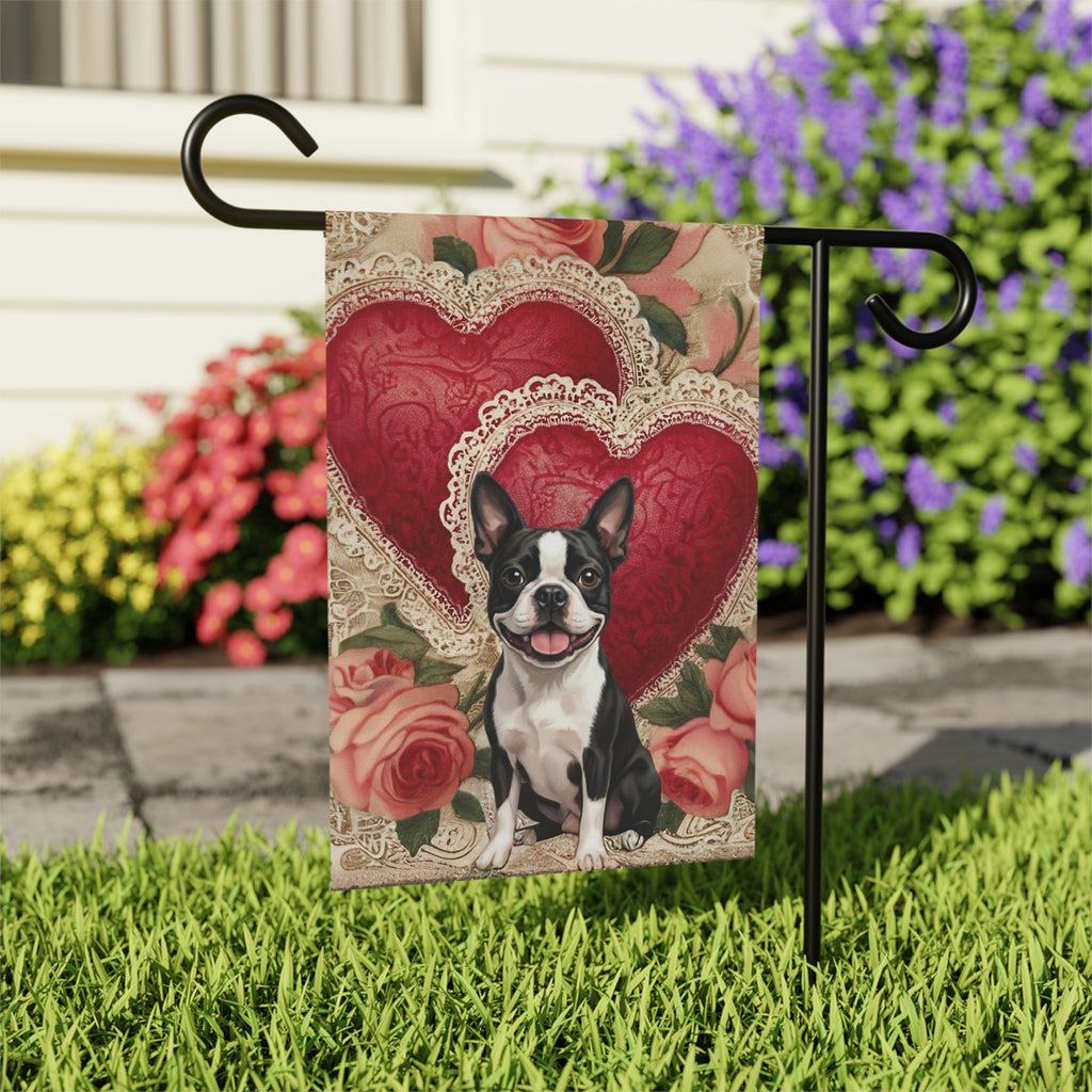 Two Heart Black and White Boston Terrier Valentines Garden Flag