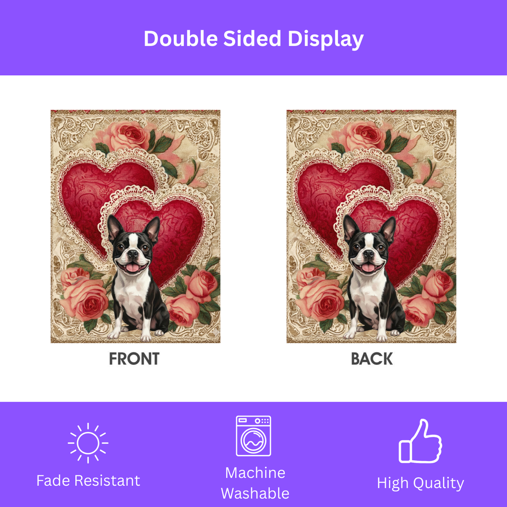 Two Heart Black and White Boston Terrier Valentines Garden Flag