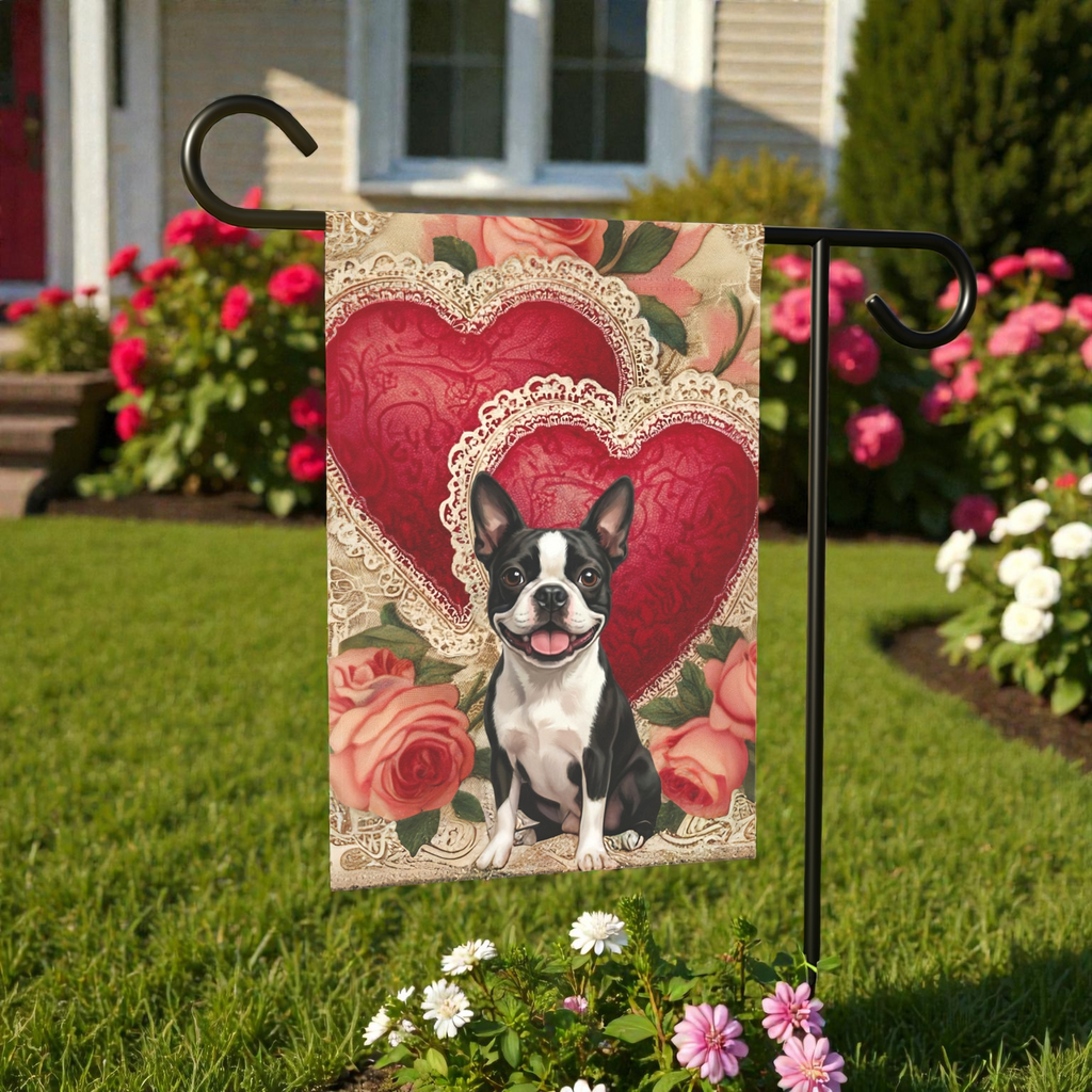 Two Heart Black and White Boston Terrier Valentines Garden Flag