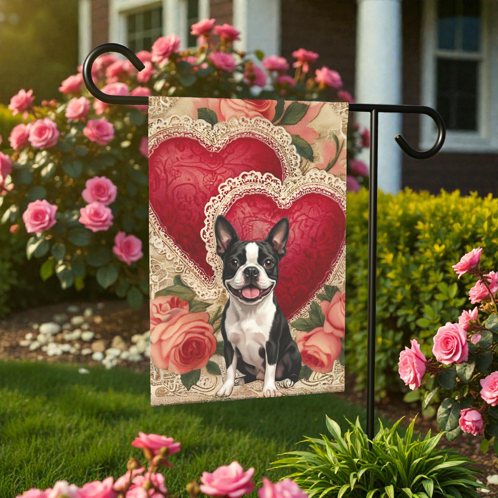 Two Heart Black and White Boston Terrier Valentines Garden Flag
