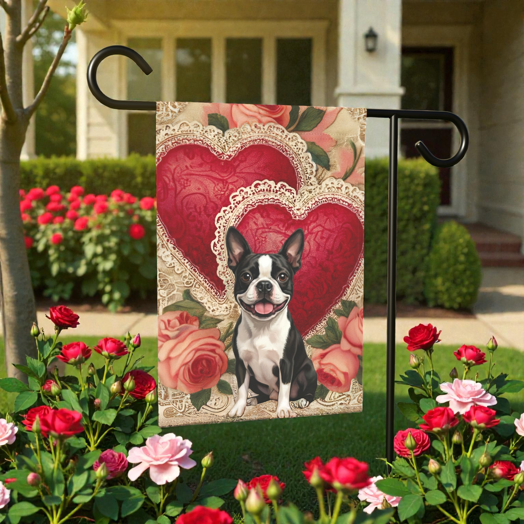 Two Heart Black and White Boston Terrier Valentines Garden Flag