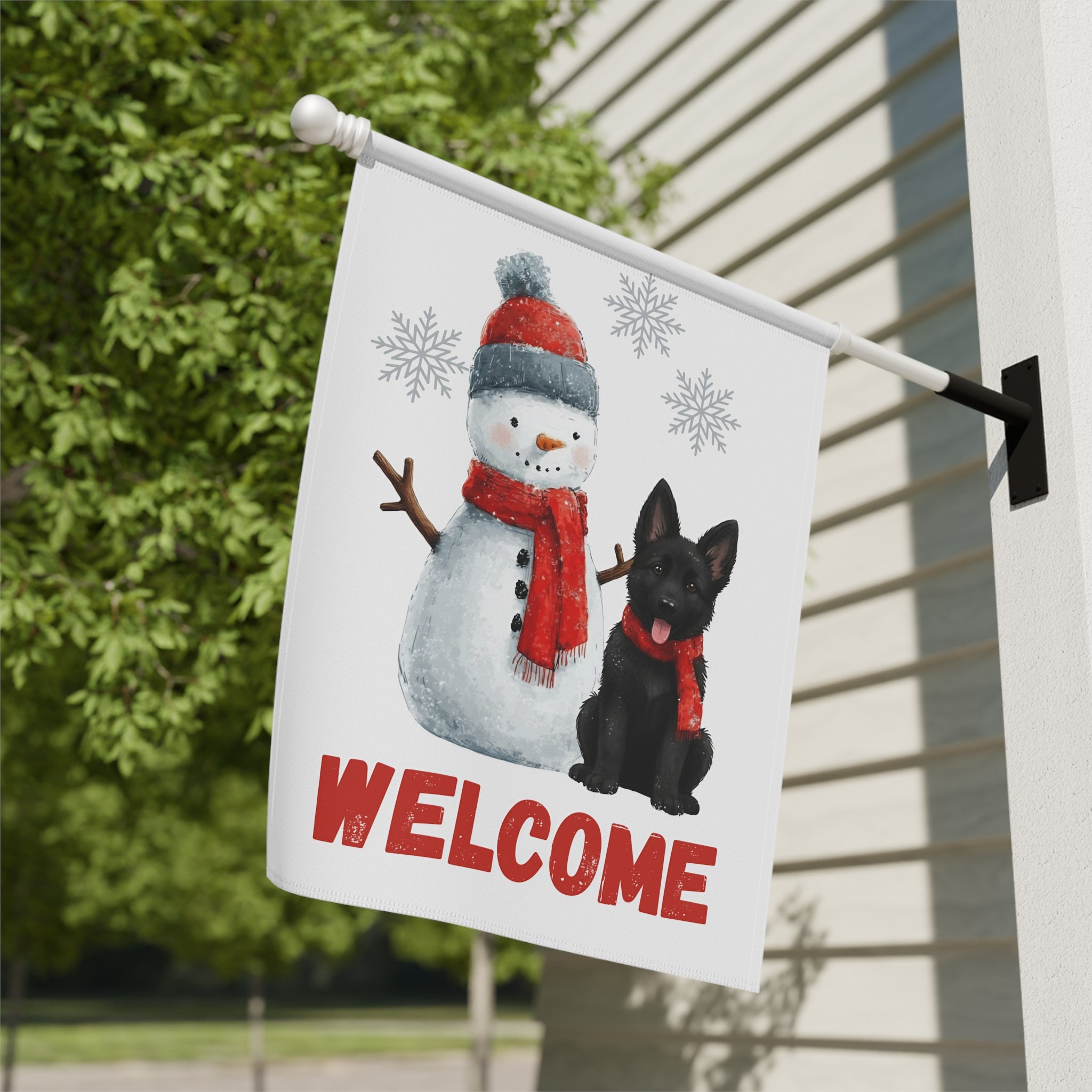 Black German Shepherd and Snowman Welcome Garden Flag