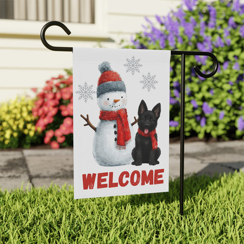 Black German Shepherd and Snowman Welcome Garden Flag - outdoor display - Dragonfire Gardens