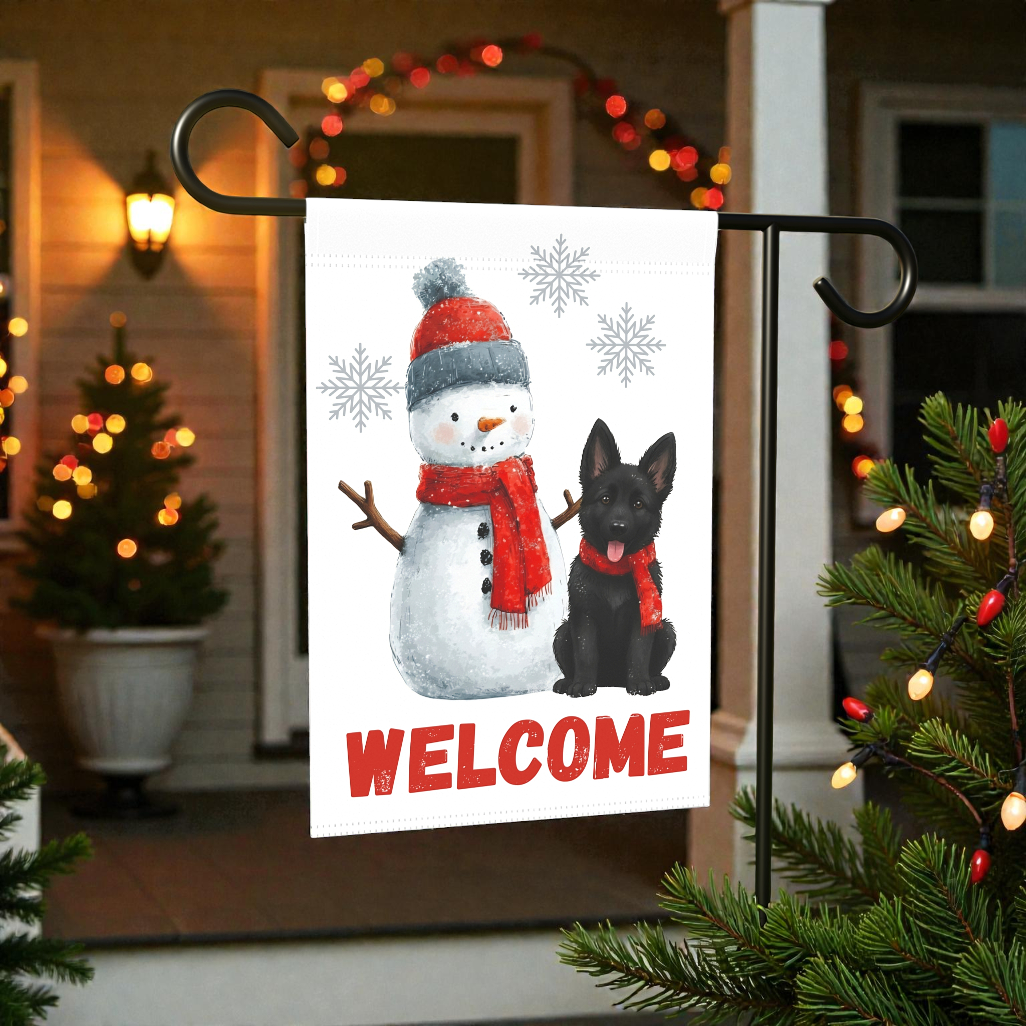 Black German Shepherd and Snowman Welcome Garden Flag