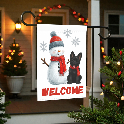 Black German Shepherd and Snowman Welcome Garden Flag - front view - Dragonfire Gardens