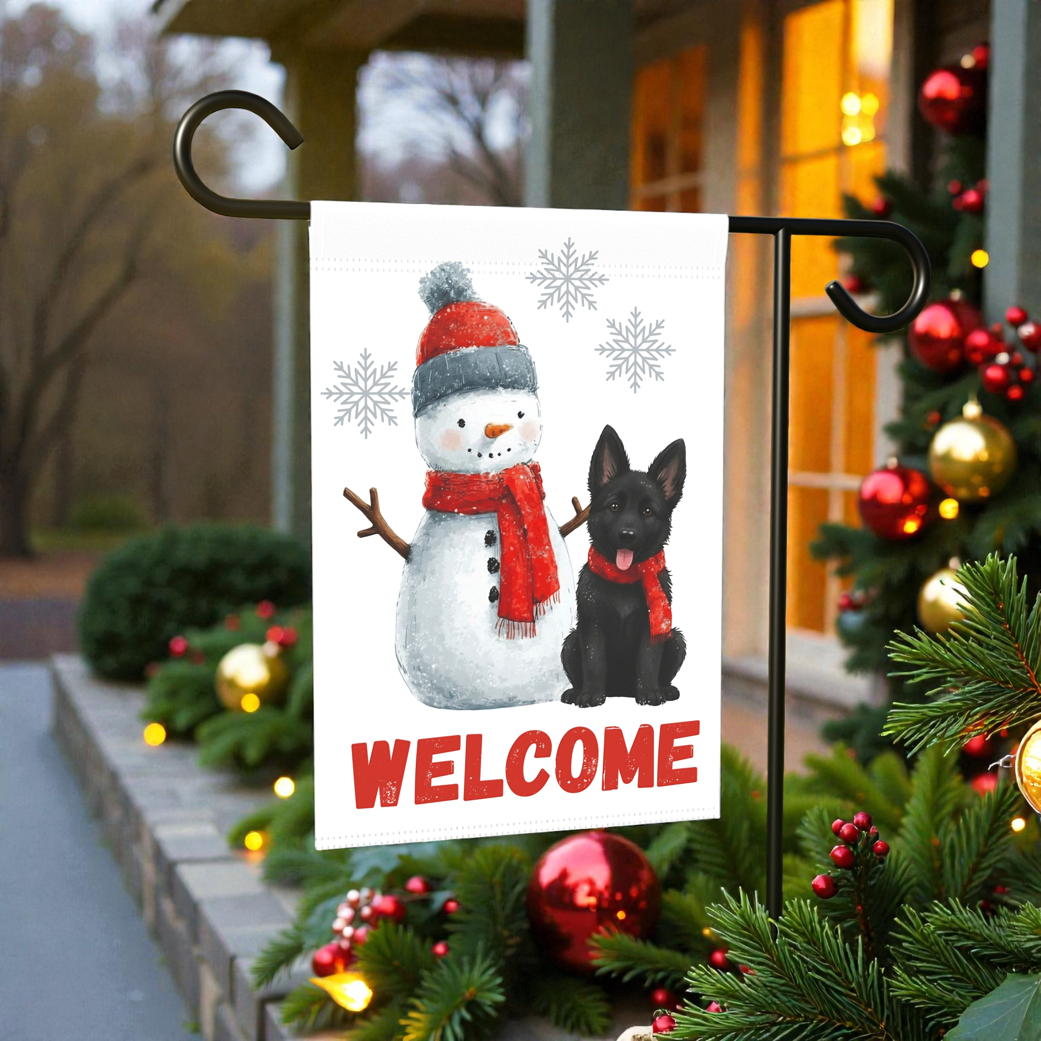 Black German Shepherd and Snowman Welcome Garden Flag
