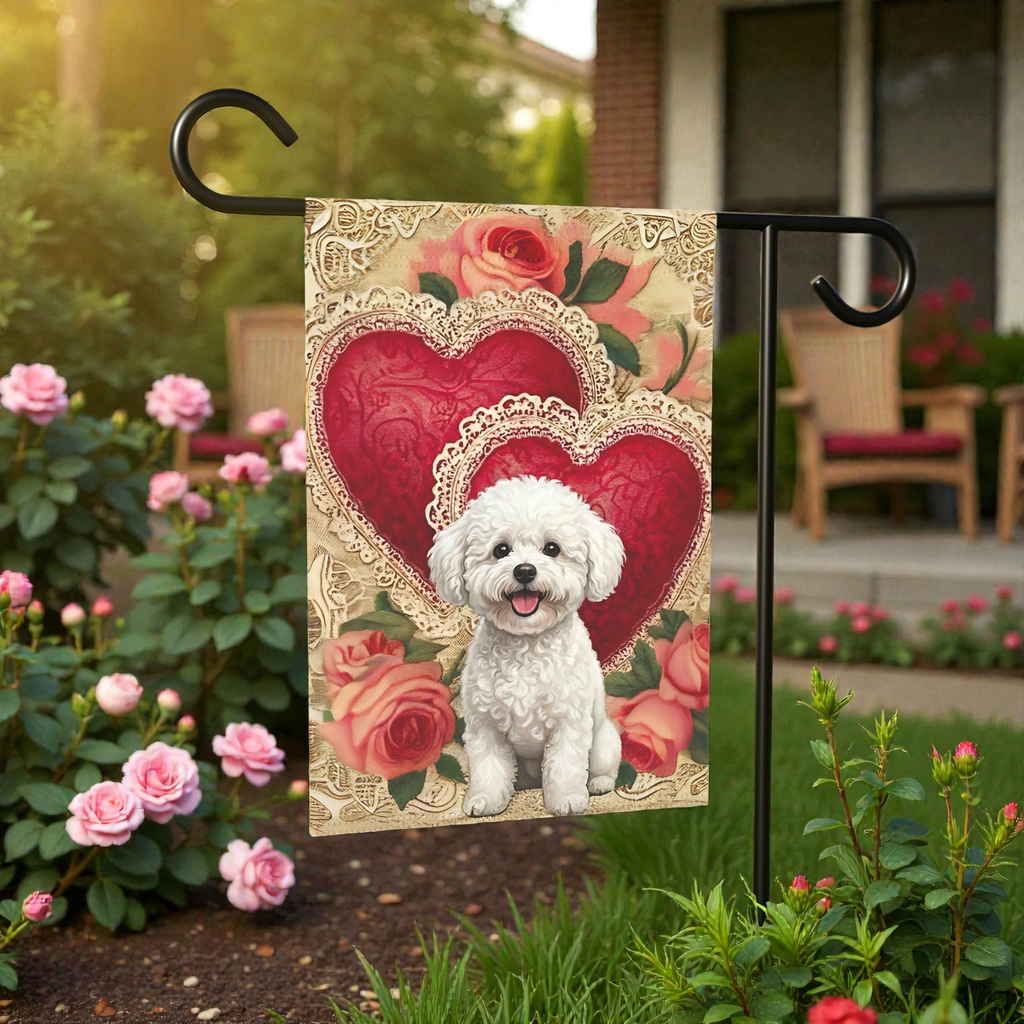 Two Heart Bichon Frise Valentine Garden Flag