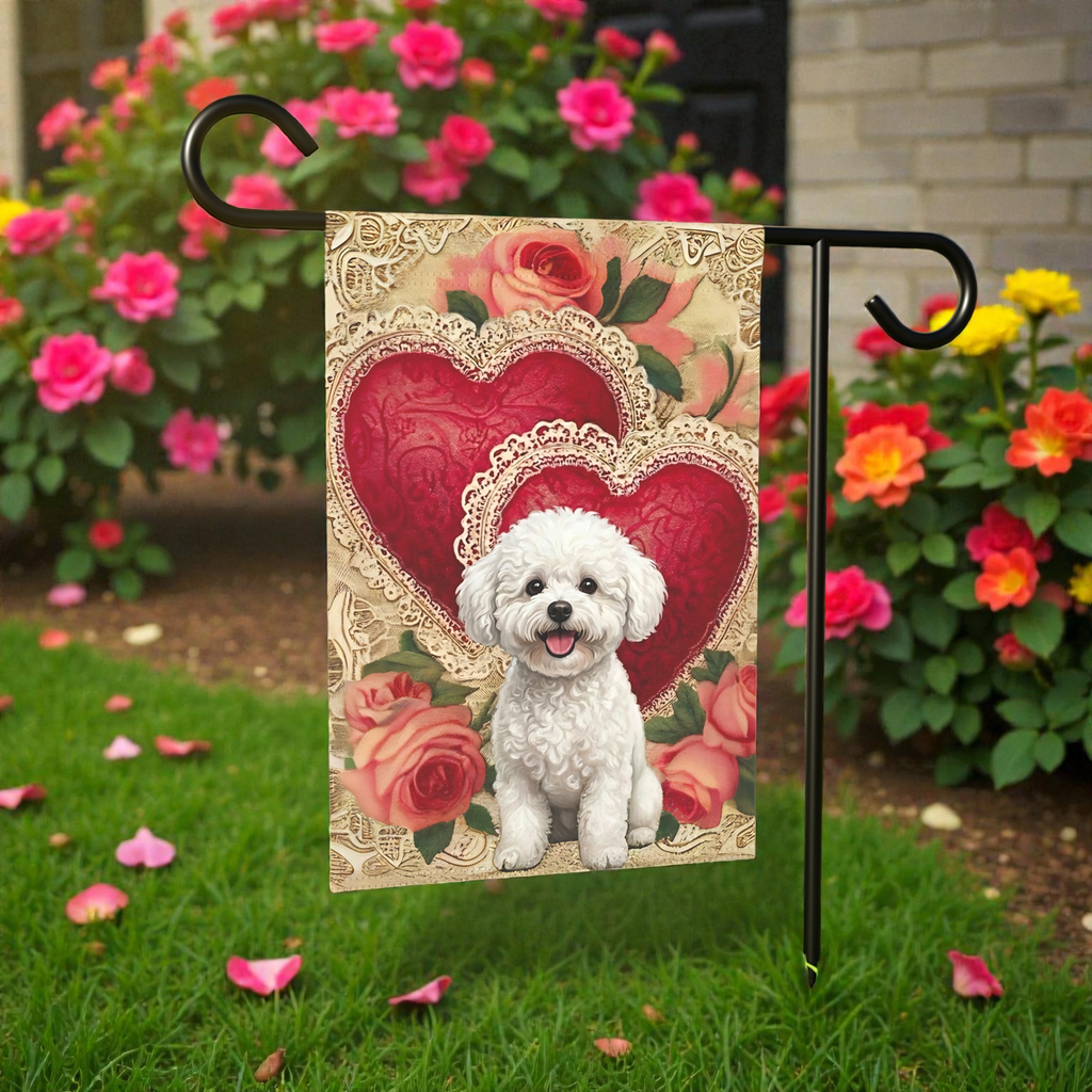 Two Heart Bichon Frise Valentine Garden Flag