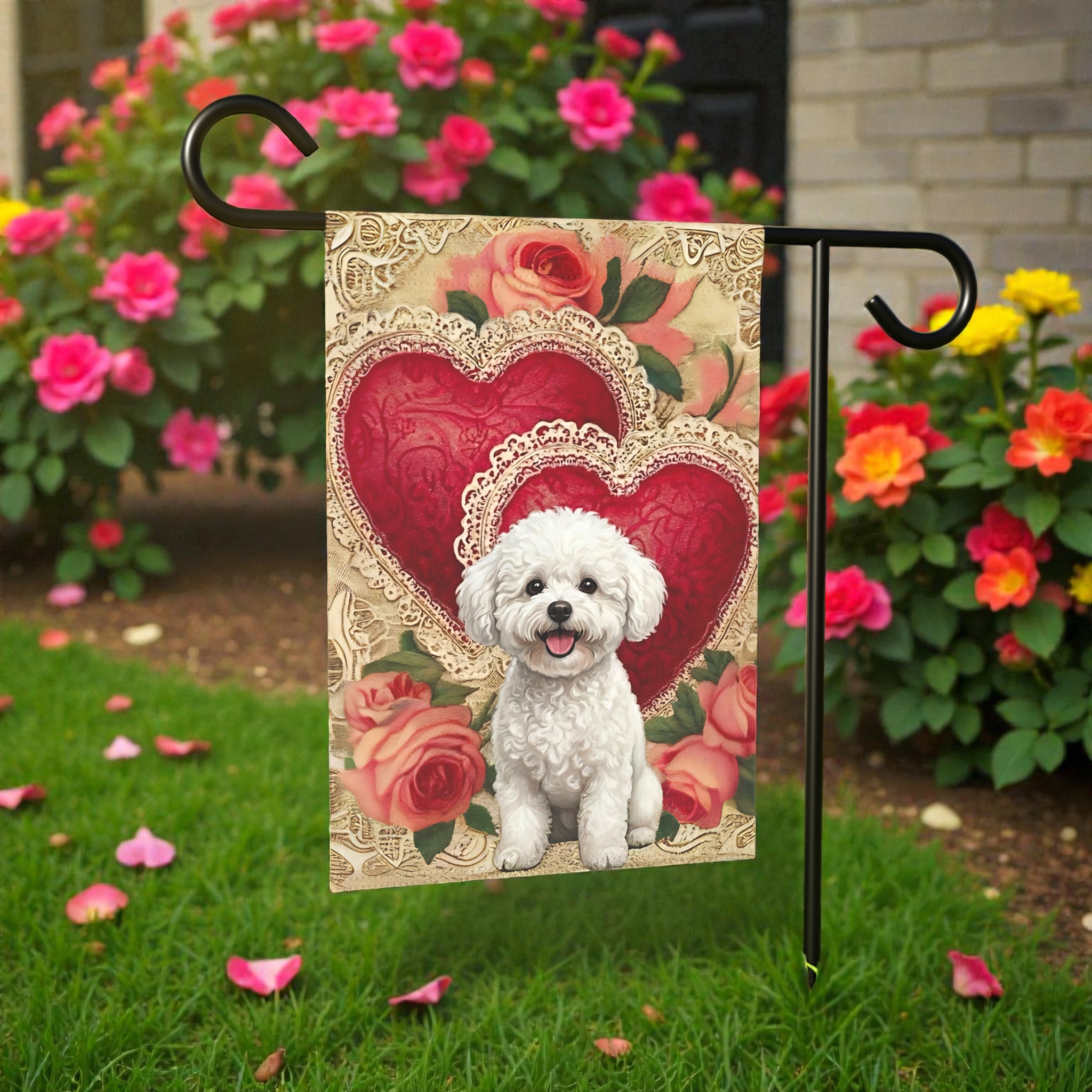 Two Heart Bichon Frise Valentine Garden Flag